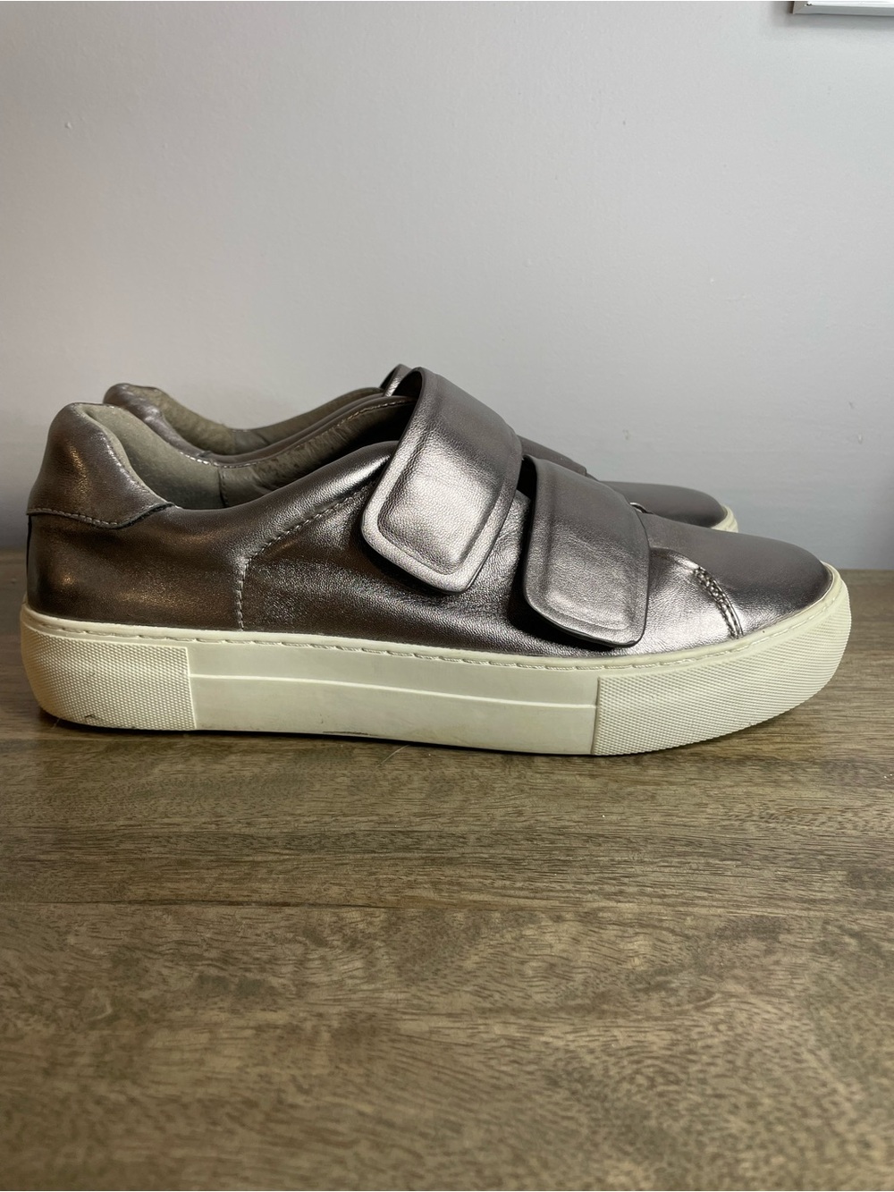 J Slides Metallic Pewter Velcro Strap Sneakers